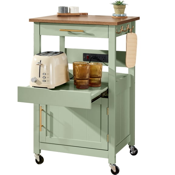 Best Choice Products Rolling Kitchen Island Cart, Cabinet W/ Drawer, Sliding Tray, Outlet, Wheels, Hooks - Pistachio Green