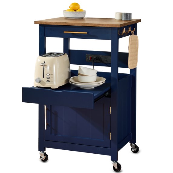 Best Choice Products Rolling Kitchen Island Cart, Cabinet W/ Drawer, Sliding Tray, Outlet, Wheels, Hooks - Midnight Blue