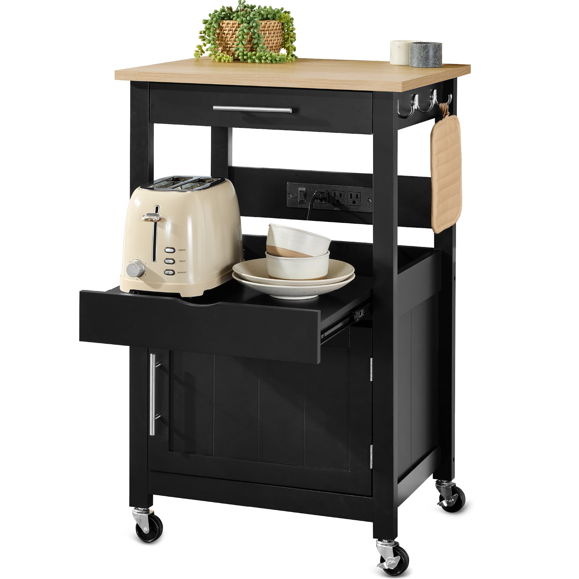 Onyx Black Engineered Wood Kitchen Cart with Storage and Wheels