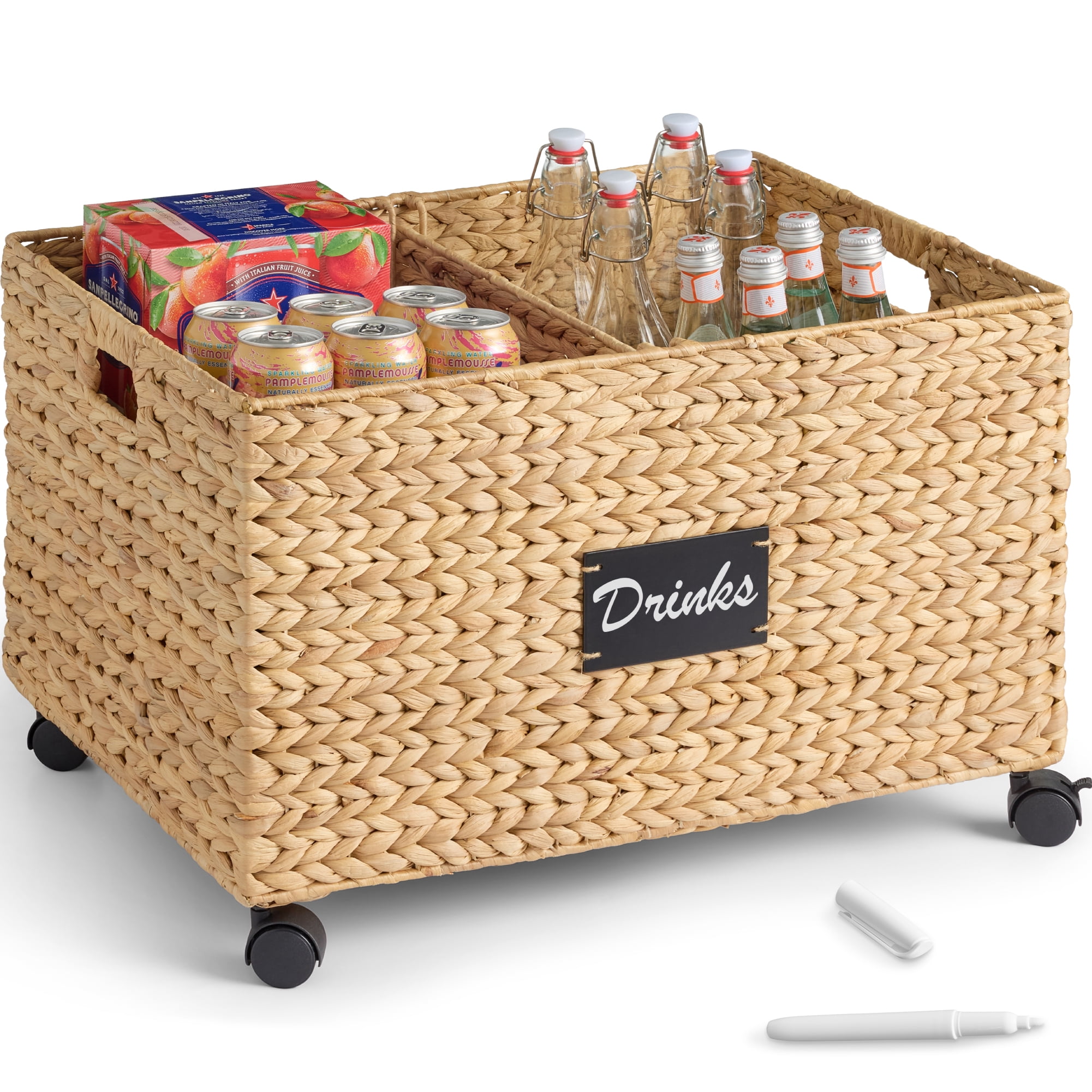 Best Choice Products Rolling Pantry Storage Basket Organizer W/ Chalkboard Label, Handles, Removable Divider - Natural
