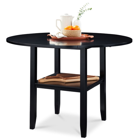 Best Choice Products 42" Round Drop Leaf Dining Table For 4, Solid Wood Expandable Table W/ Storage Shelf - Black