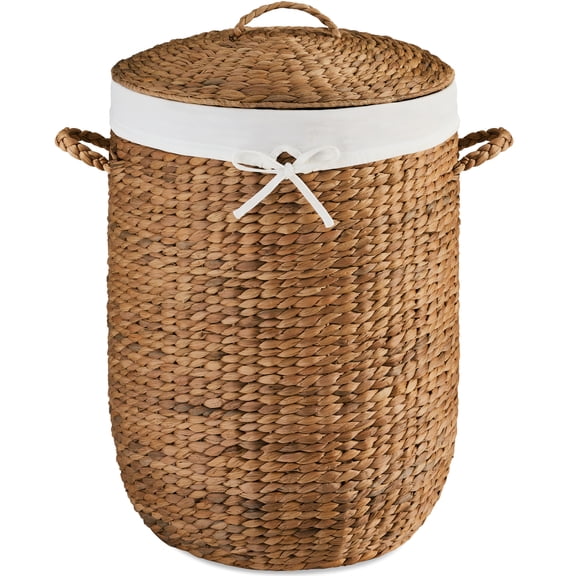 Best Choice Products Round Laundry Hamper w/ Lid, Handwoven Laundry Basket w/ Handles & Removable Liner - Chestnut