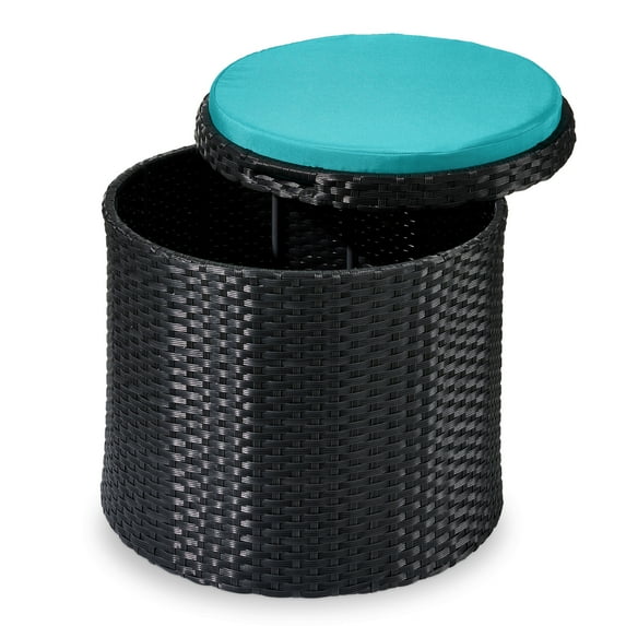 Best Choice Products Round Wicker Ottoman, Multipurpose Furniture w/ Removable Cushion, Steel Frame - Black/Teal