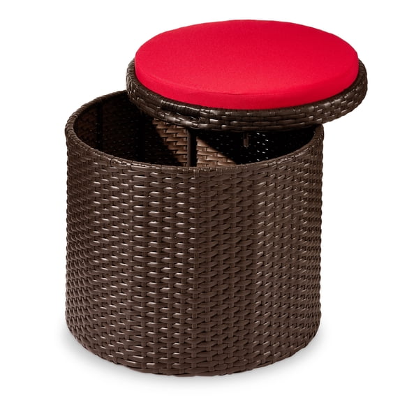 Best Choice Products Round Wicker Ottoman, Multipurpose Furniture w/ Removable Cushion, Steel Frame - Brown/Red
