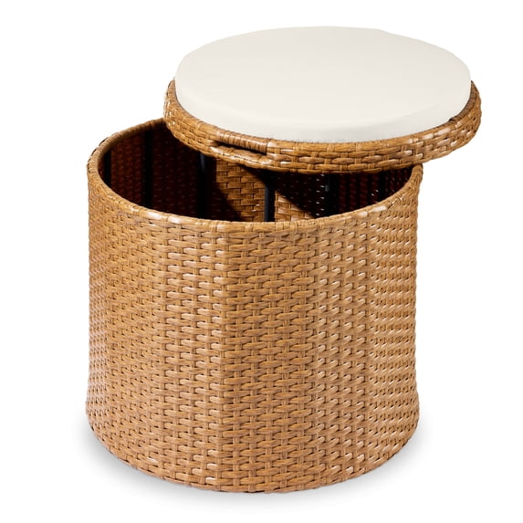 Best Choice Products Round Wicker Ottoman, Multipurpose Furniture w/ Removable Cushion, Steel Frame - Natural/Ivory