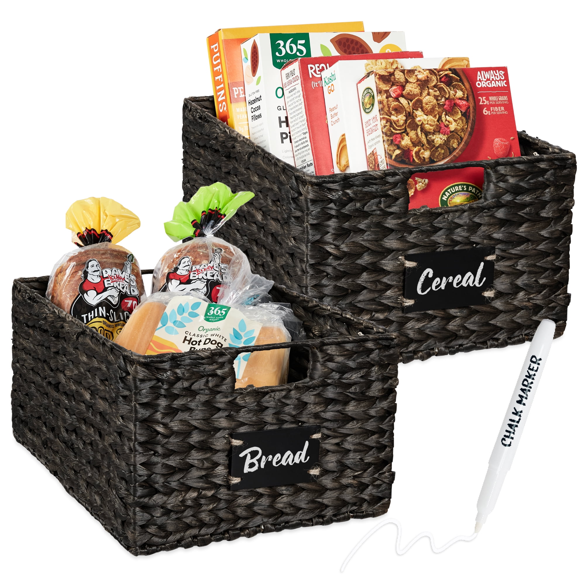 Best Choice Products Set of 2 16in Woven Water Hyacinth Pantry Baskets w/ Chalkboard Label, Chalk Marker - Black