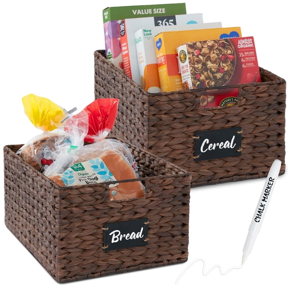Best Choice Products Set of 2 16in Woven Water Hyacinth Pantry Baskets w/ Chalkboard Label, Chalk Marker - Brown