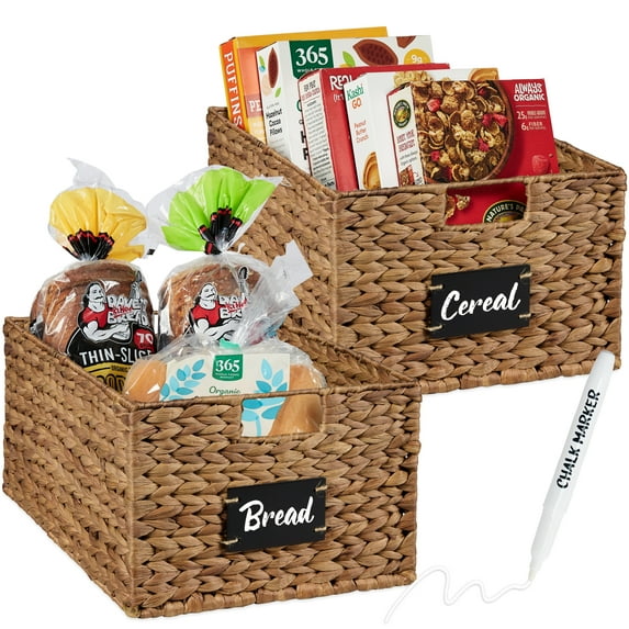 Best Choice Products Set of 2 16in Woven Water Hyacinth Pantry Baskets w/ Chalkboard Label, Chalk Marker - Chestnut