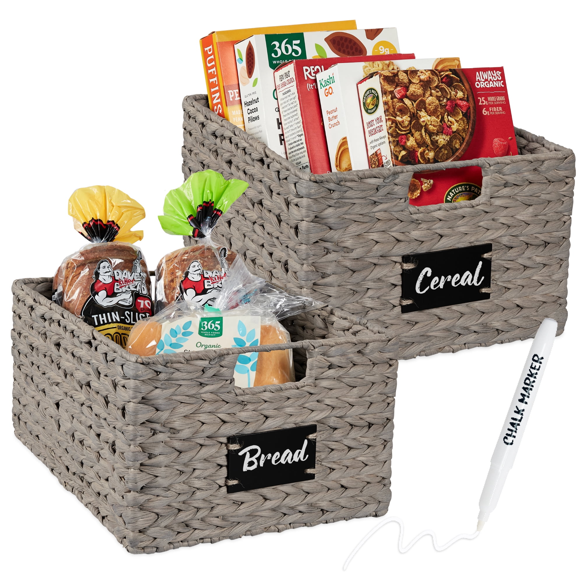 Best Choice Products Set of 2 16in Woven Water Hyacinth Pantry Baskets w/ Chalkboard Label, Chalk Marker - Gray