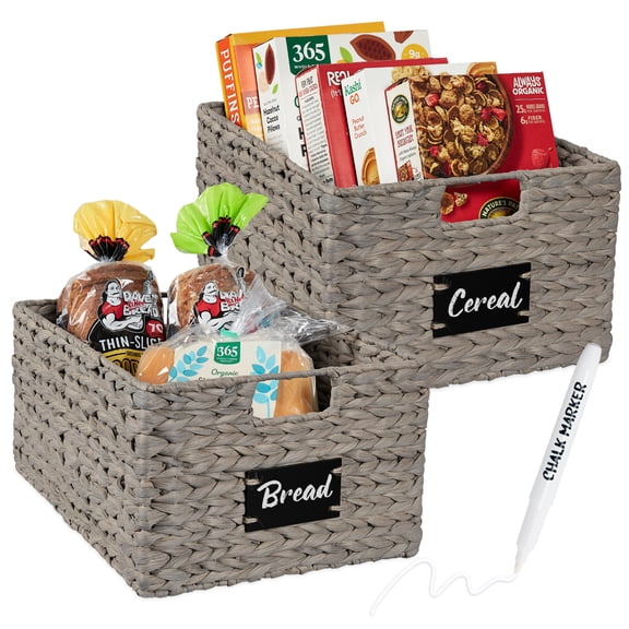 Best Choice Products Set of 2 16in Woven Water Hyacinth Pantry Baskets w/ Chalkboard Label, Chalk Marker - Gray