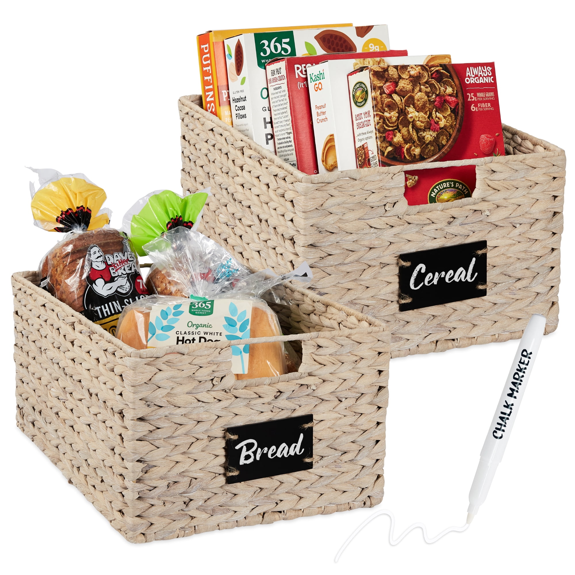 Best Choice Products Set of 2 16in Woven Water Hyacinth Pantry Baskets w/ Chalkboard Label, Chalk Marker - White