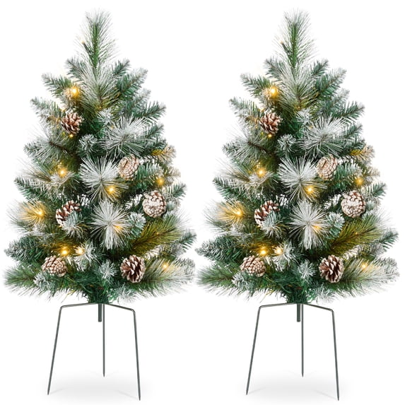Best Choice Products Set of 2 24.5in Outdoor Frosted Scotch Pine Pathway Christmas Trees Decor w/ LED Lights, Pine Cones