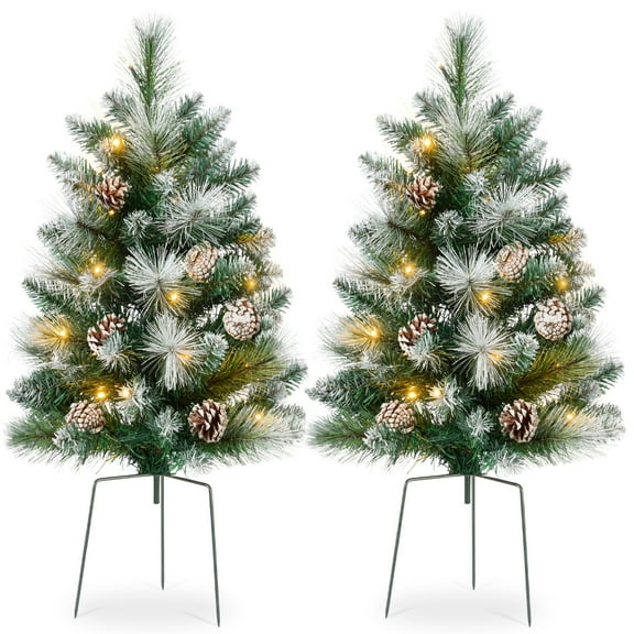 Best Choice Products Set of 2 24.5in Outdoor Frosted Scotch Pine Pathway Christmas Trees Decor w/ LED Lights, Pine Cones