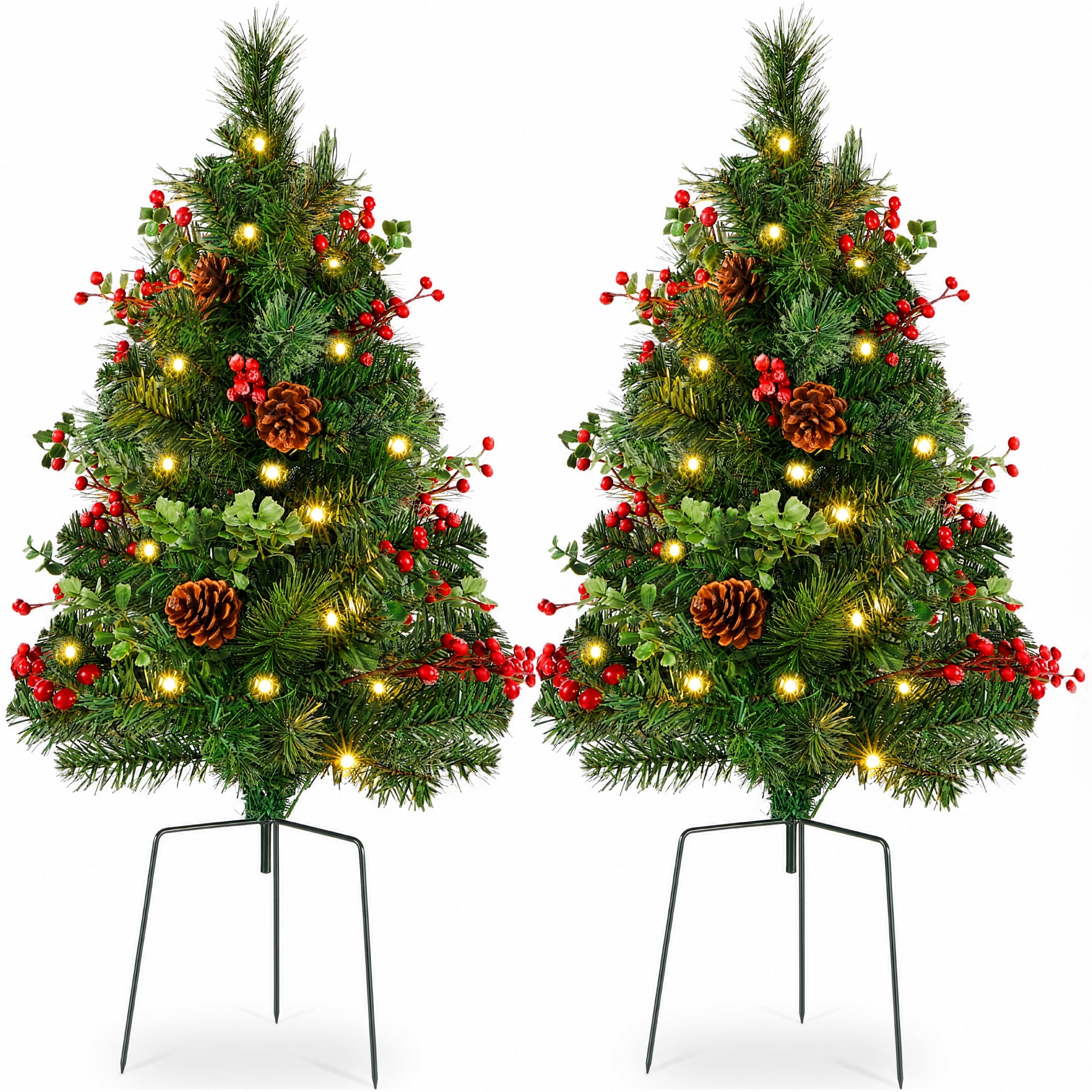 Best Choice Products Set of 2 24.5in Outdoor Pathway Christmas Trees Decor w/ LED Lights, Berries, Pine Cones, Ornaments