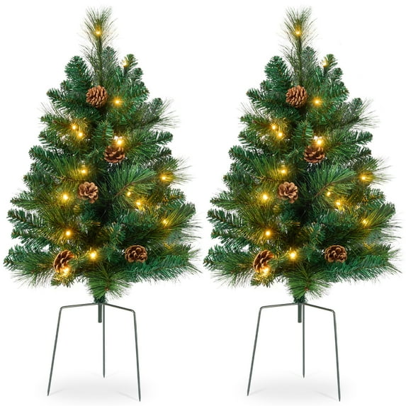Best Choice Products Set of 2 24.5in Outdoor Scotch Pine Pathway Christmas Trees Decor w/ LED Lights, Pine Cones