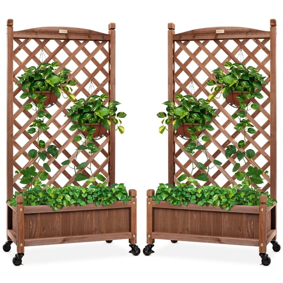 Best Choice Products Set of 2 48in Wood Planter Box & Diamond Lattice Trellis, w/ Drainage, Optional Wheels - Walnut