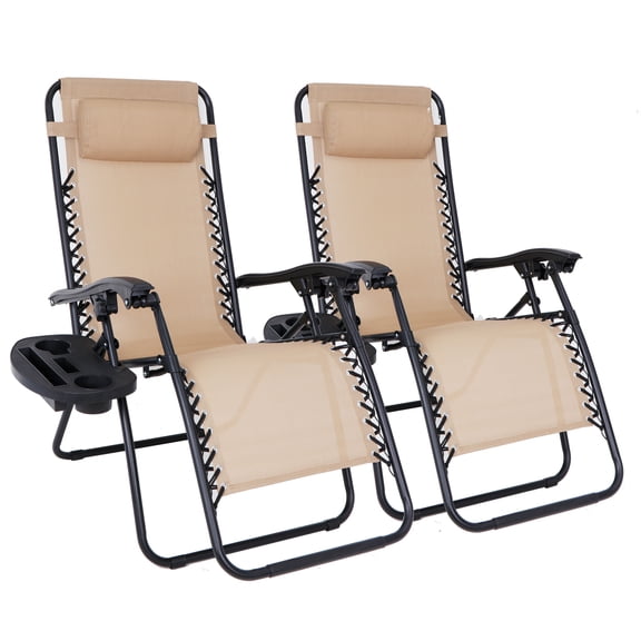 Set of 2 Adjustable Steel Mesh Zero Gravity Lounge Chair Recliners w/Pillows and Cup Holder Trays - Beige