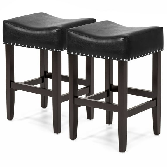 Best Choice Products Set of 2 Backless Faux Leather Upholstered 26in Counter Stools w/ Silver Nailhead Trim - Black