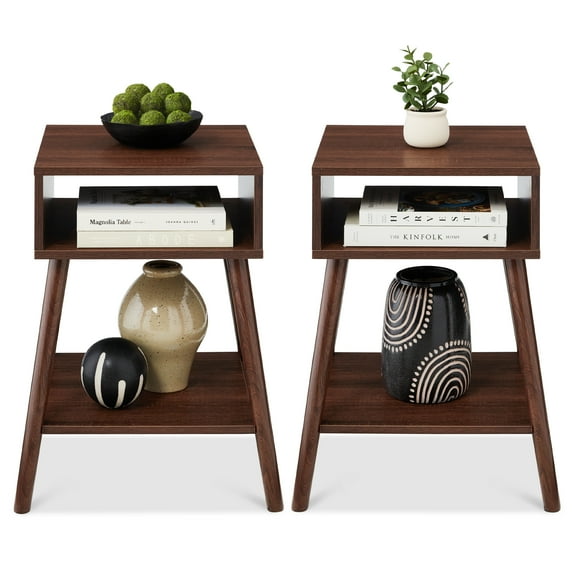 Best Choice Products Set of 2 Mid-Century Modern End Tables w/ Cubby Storage, Lower Shelf, Offset Legs - Walnut
