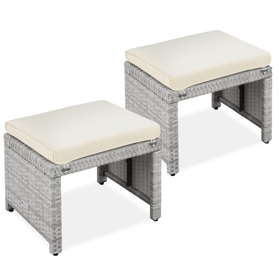 Best Choice Products Set of 2 Multipurpose Patio Wicker Ottomans w/ Removable Cushions - Gray/Cream