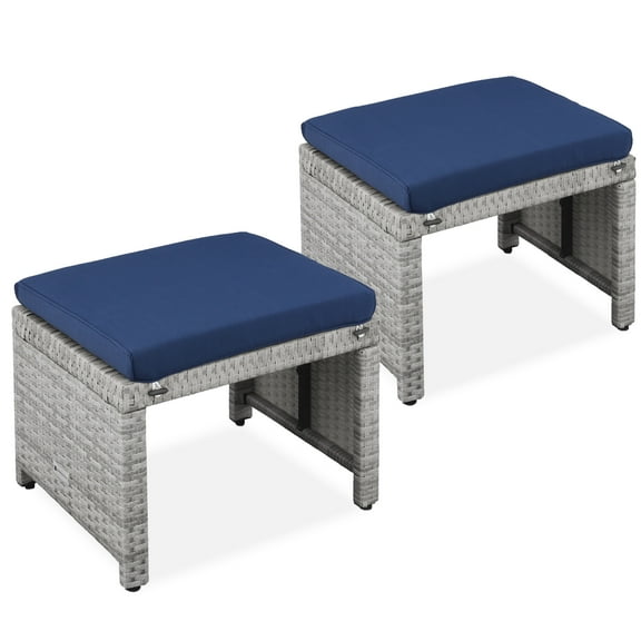 Best Choice Products Set of 2 Multipurpose Patio Wicker Ottomans w/ Removable Cushions - Gray/Navy