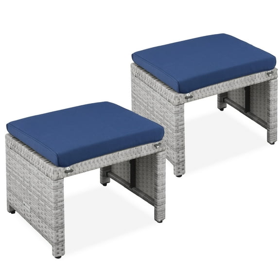 Best Choice Products Set of 2 Multipurpose Patio Wicker Ottomans w/ Removable Cushions - Gray/Navy
