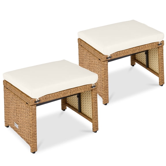 Best Choice Products Set of 2 Multipurpose Patio Wicker Ottomans w/ Removable Cushions - Ivory/Natural