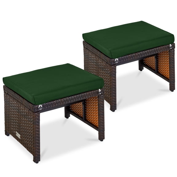 Best Choice Products Set of 2 Multipurpose Patio Wicker Ottomans w/ Removable Cushions - Midnight Green/Brown