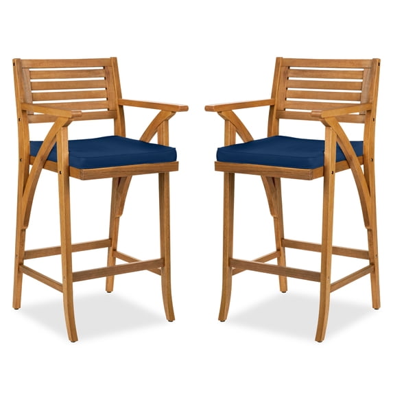 Best Choice Products Set of 2 Outdoor Acacia Wood Bar Stools Bar Chairs w/ Weather-Resistant Cushions - Navy