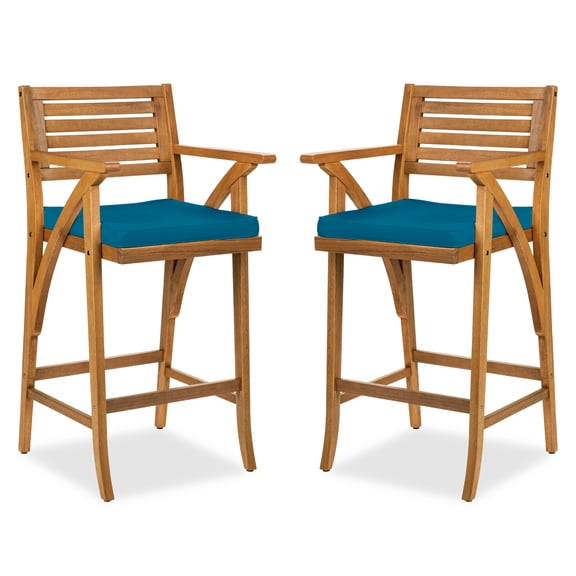 Best Choice Products Set of 2 Outdoor Acacia Wood Bar Stools Bar Chairs w/ Weather-Resistant Cushions - Peacock Blue