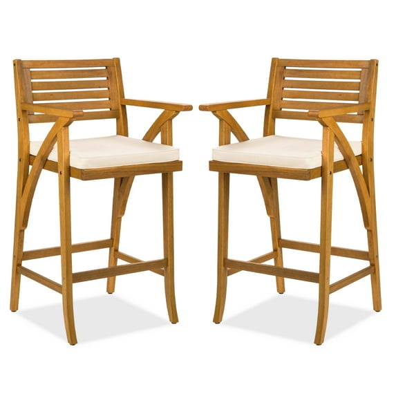 Best Choice Products Set of 2 Outdoor Acacia Wood Bar Stools Bar Chairs w/ Weather-Resistant Cushions - Cream
