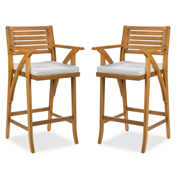 Best Choice Products Set of 2 Outdoor Acacia Wood Bar Stools Bar Chairs w/ Weather-Resistant Cushions - White Sand