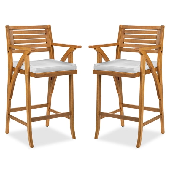 Best Choice Products Set of 2 Outdoor Acacia Wood Bar Stools Bar Chairs w/ Weather-Resistant Cushions - White Sand