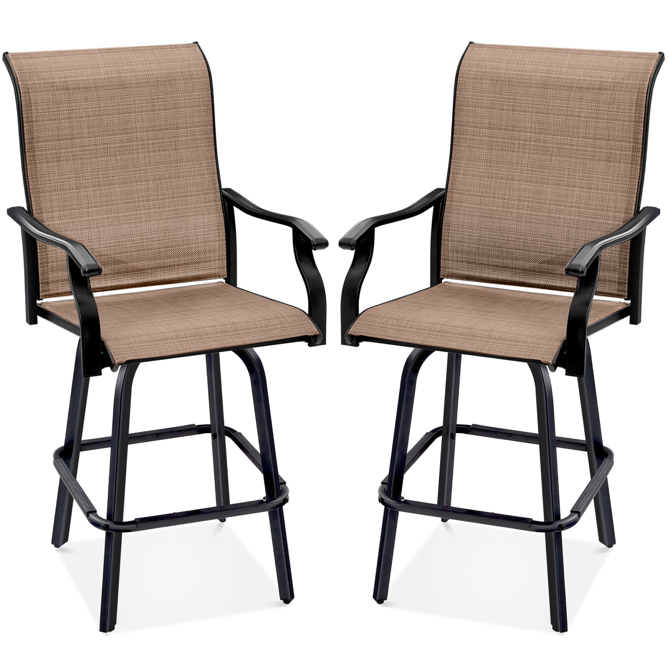 Tan Outdoor Swivel Bar Stools with Mesh and Steel Frame