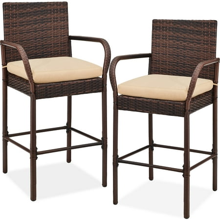 Best Choice Products Set of 2 Outdoor Wicker Bar Stools Chair w/ Cushion, Armrests for Patio, Pool, Deck - Brown