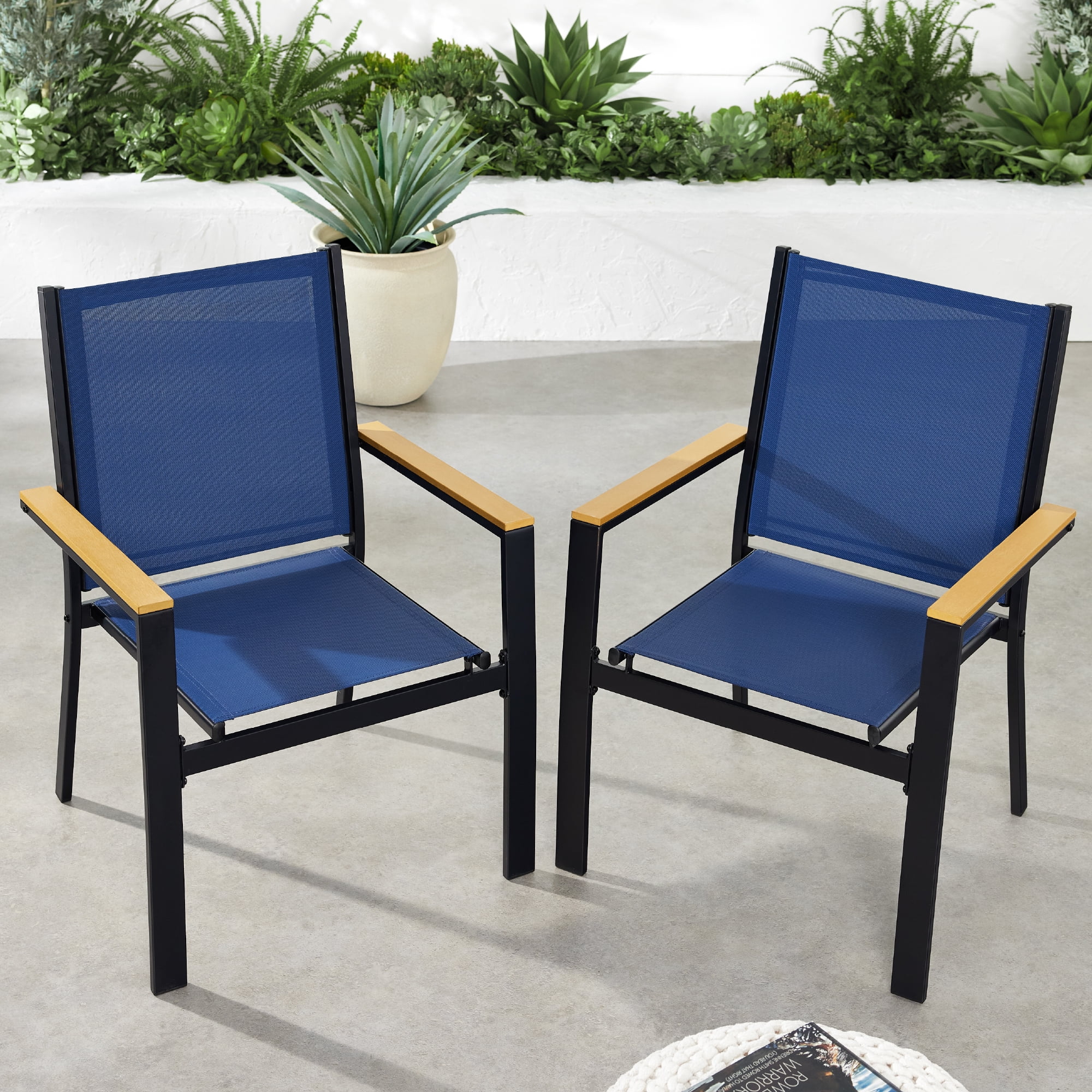 Set of 2 Blue Metal Armchairs with Wooden Armrests
