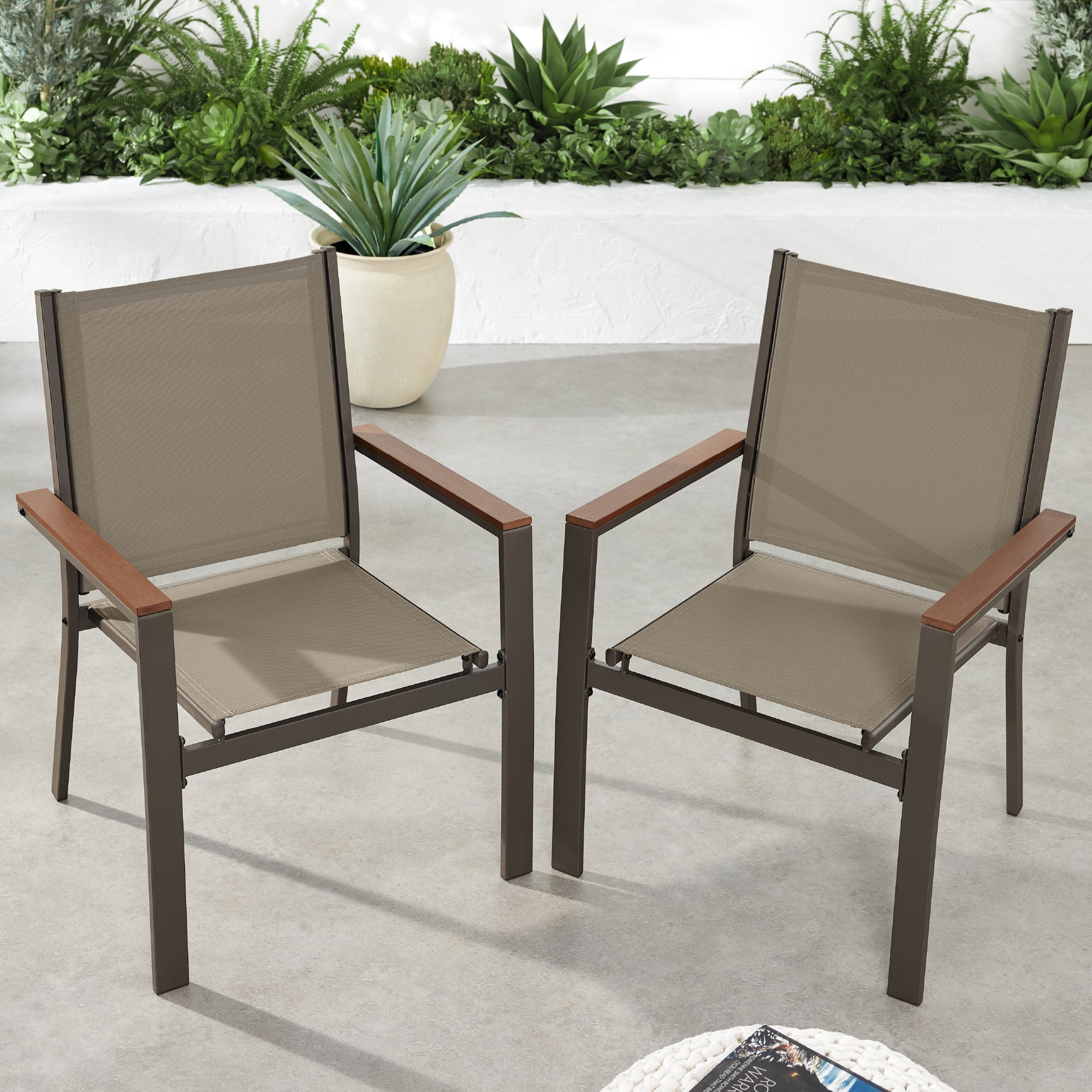 Best Choice Products Set of 2 Textilene Chairs, Steel Conversation Accent Furniture w/ Armrests - Brown/Brown