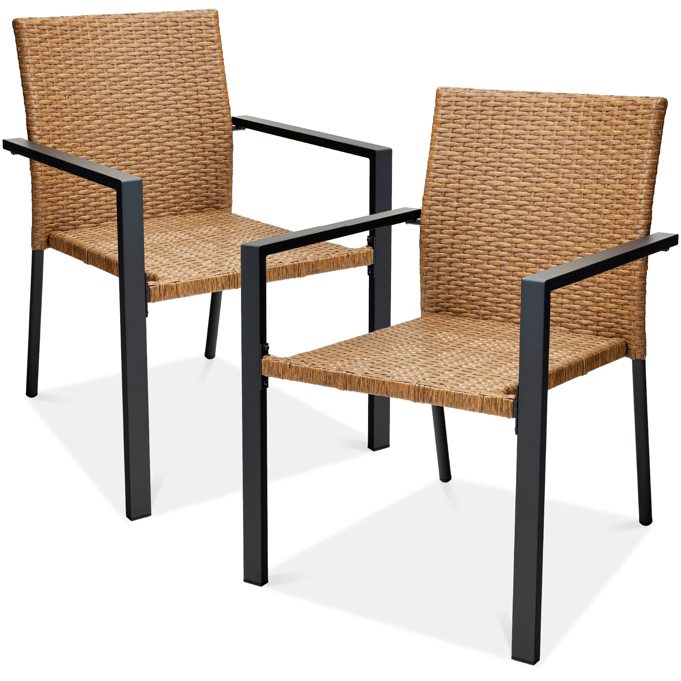 Natural Wicker and Steel Stackable Outdoor Dining Chairs, Set of 2