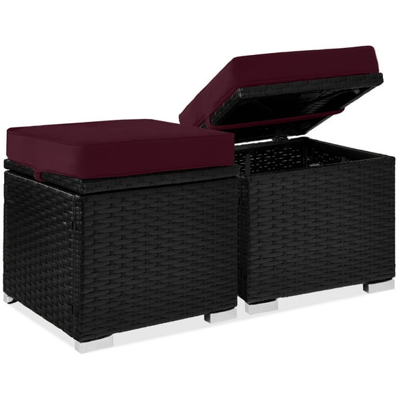 Best Choice Products Set of 2 Wicker Ottomans, Multipurpose Furniture w/ Removable Cushions - Deep Burgundy/Black