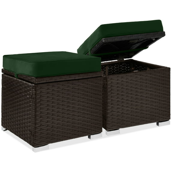 Best Choice Products Set of 2 Wicker Ottomans, Multipurpose Furniture w/ Removable Cushions - Midnight Green/Brown