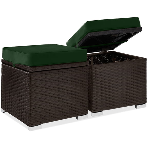 Best Choice Products Set of 2 Wicker Ottomans, Multipurpose Furniture w/ Removable Cushions - Midnight Green/Brown