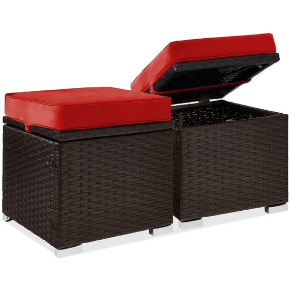 Best Choice Products Set of 2 Wicker Ottomans, Multipurpose Furniture w/ Removable Cushions - Red/Brown