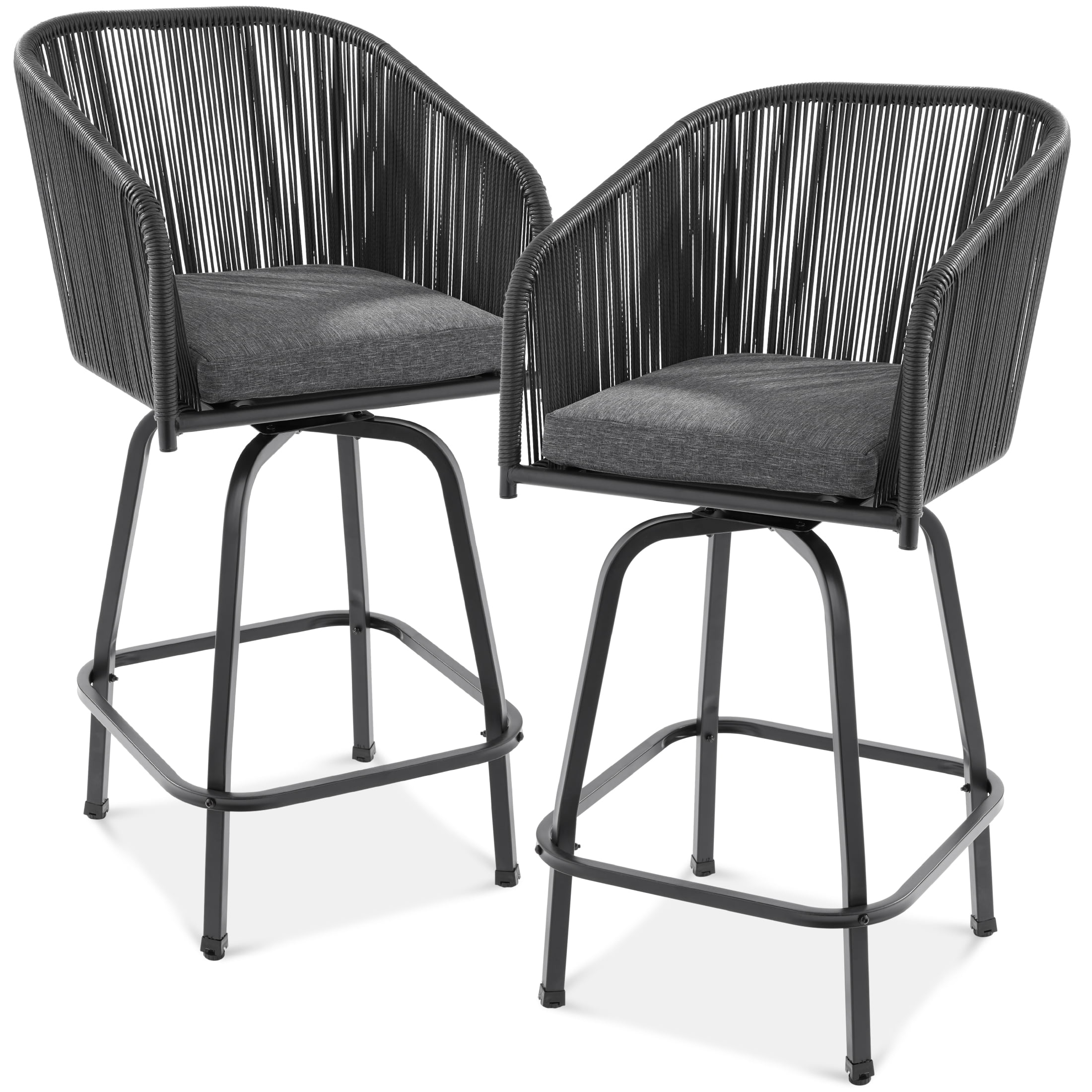 Handwoven Wicker 26" Black/Gray Swivel Bar Chairs with Cushions