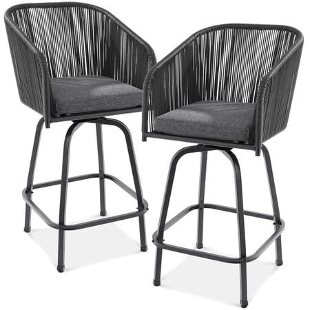 Best Choice Products Set of 2 Woven Wicker Swivel Barstools, Patio Bar Height Chairs w/ 360 Rotation - Black/Gray