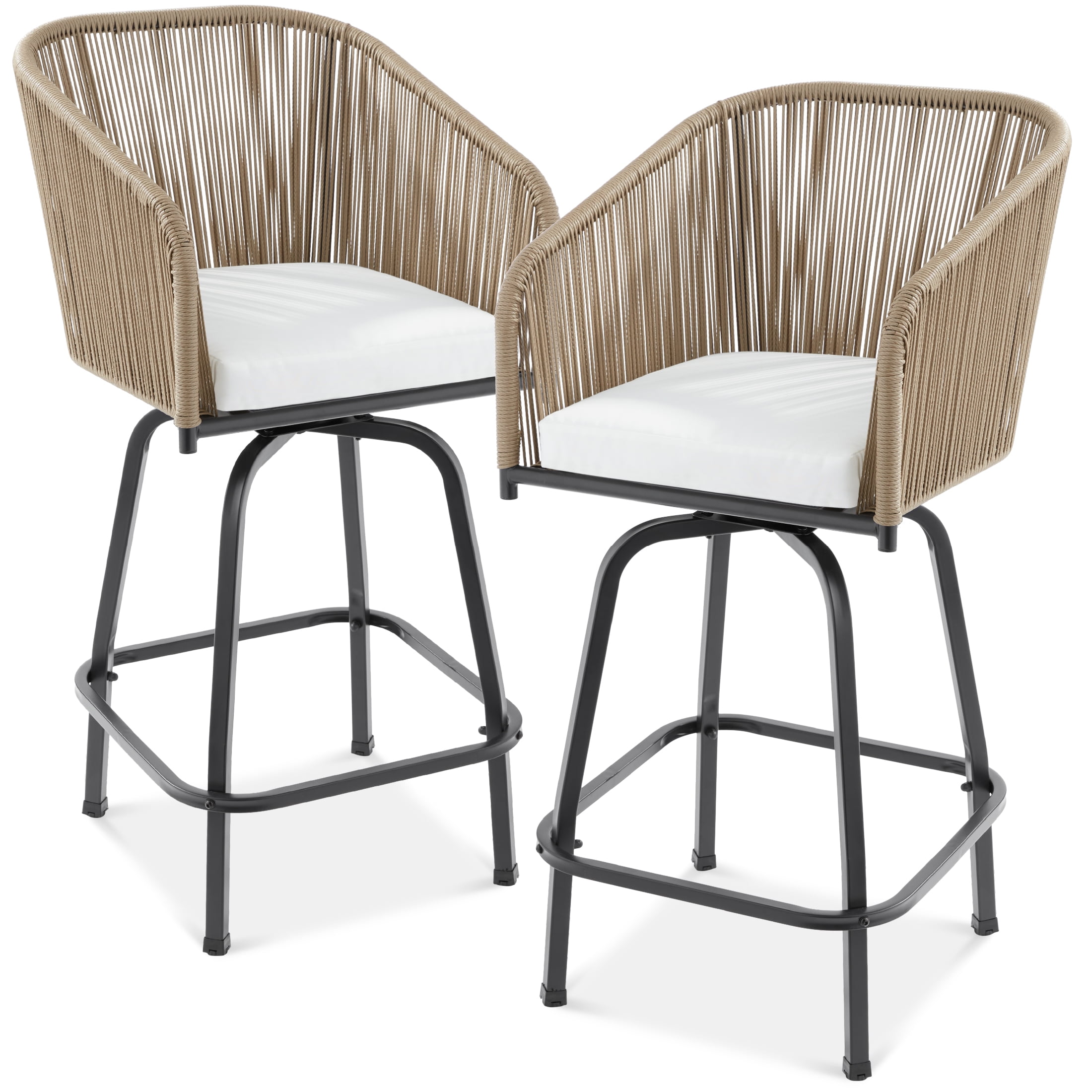 Natural Wicker Swivel Bar Height Chairs with Cushions