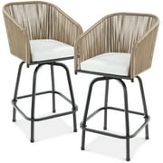 Best Choice Products Set of 2 Woven Wicker Swivel Barstools, Patio Bar Height Chairs w/ 360 Rotation - Natural/Ivory