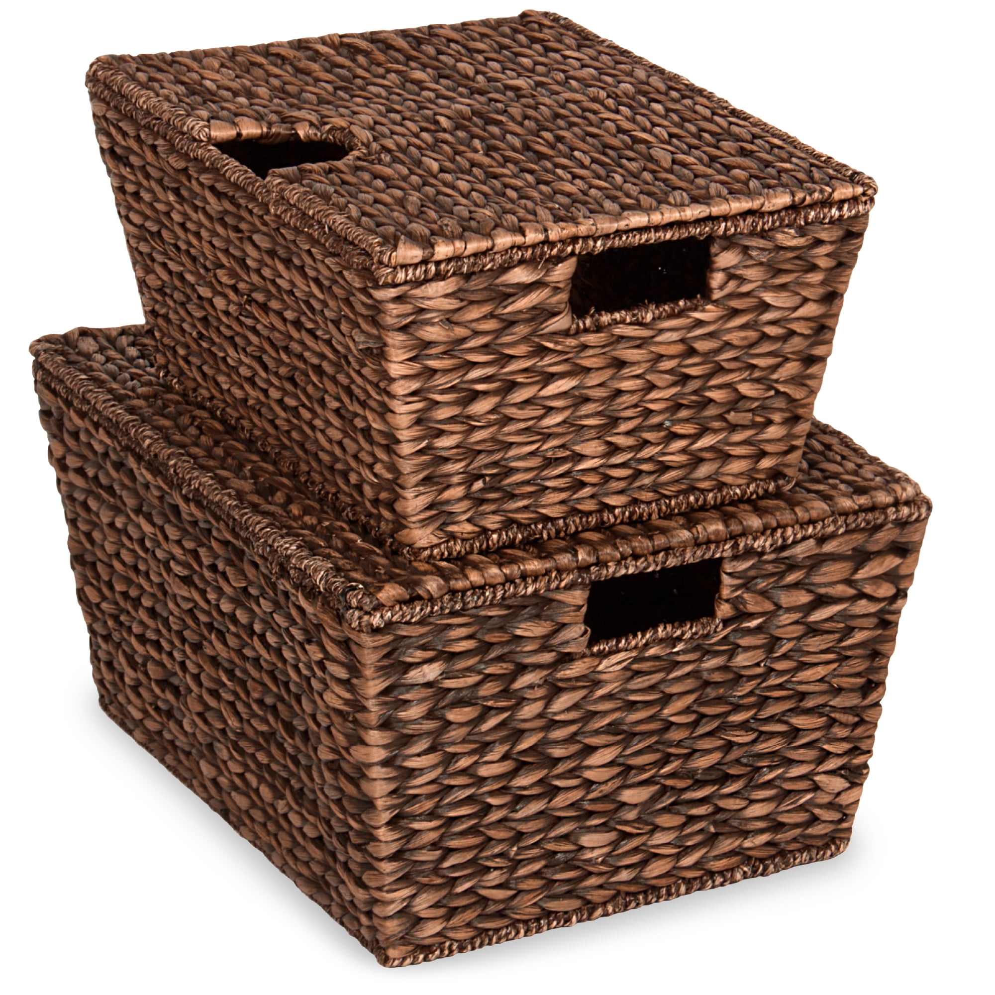 Woven Storage Baskets with Wooden Handles, Water Hyacinth Wicker Baskets  for Organizing,Large, 14.6” x 10.6” x 5”, 2-Pack 