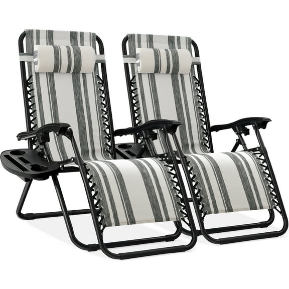 Best Choice Products Set of 2 Zero Gravity Lounge Chair Recliners for Patio, Pool w/ Cup Holder Tray - Gray Stripes