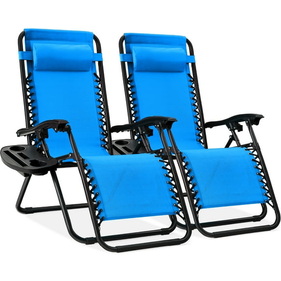 Best Choice Products Set of 2 Zero Gravity Lounge Chair Recliners for Patio, Pool w/ Cup Holder Tray - Light Blue