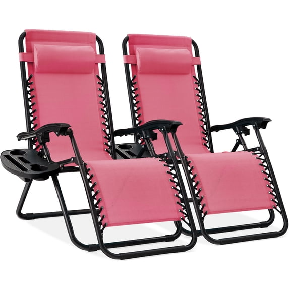 Best Choice Products Set of 2 Zero Gravity Lounge Chair Recliners for Patio, Pool w/ Cup Holder Tray - Pink